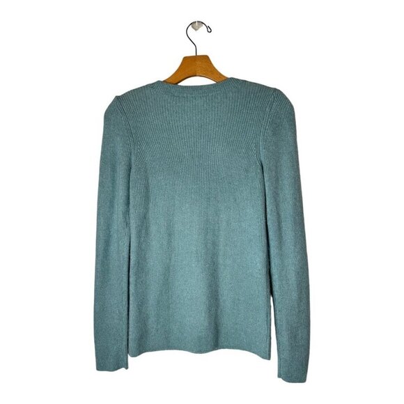 Loft Sweater Women XS Blue Green Fuzzy Knit Puff Sleeve Jewel Crochet Pullover - Picture 3 of 10